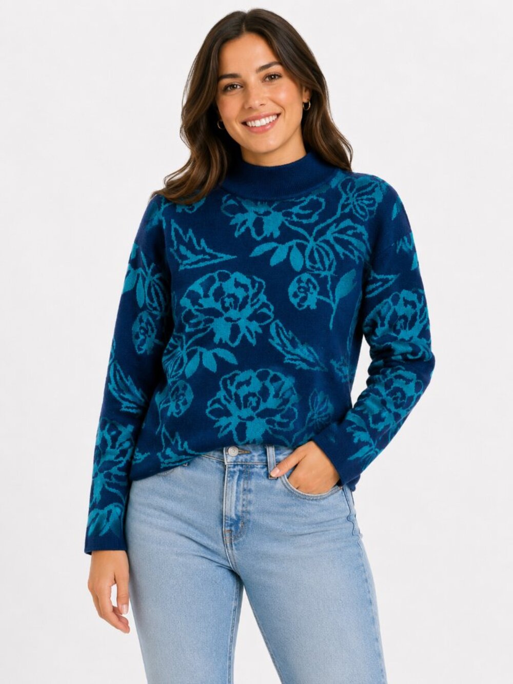 Cyrus Navy Blue & Teal Floral Mock Neck Knit Sweater NWOT